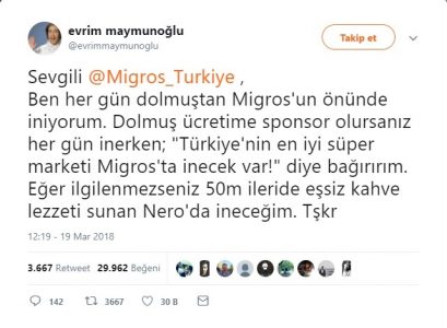 Migros’tan Dolmuş Parasına Sponsor Olmasını İsteyen Twitter Kullanıcısı